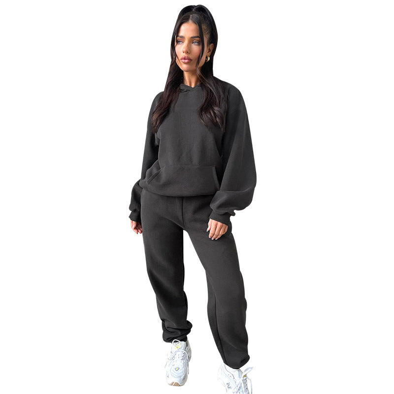 Solid Color Long Sleeve Hooded Fleece Lined Sweater Trousers Set