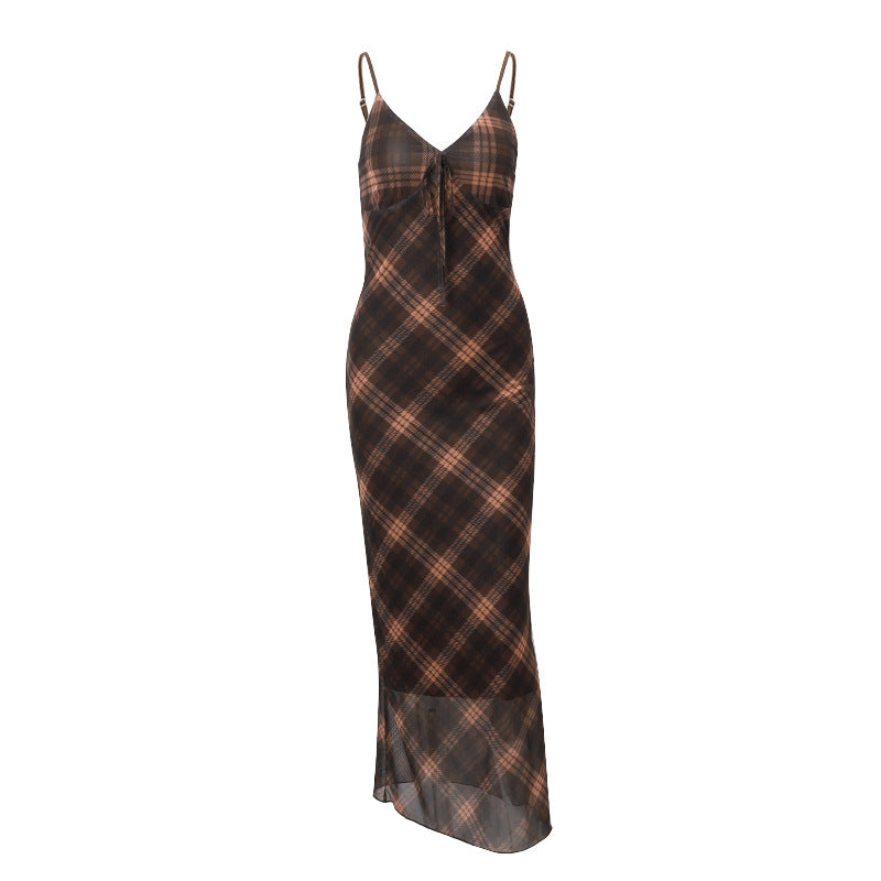 Summer Retro Plaid Sexy Socialite Slim Strap Dress