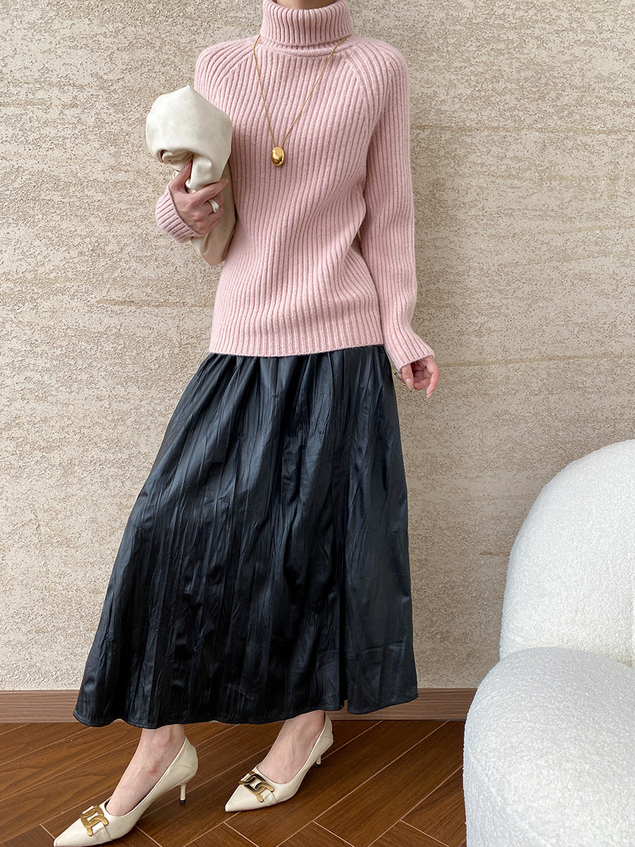 Vintage Pleated Texture Elastic High Waist Faux Leather Skirt