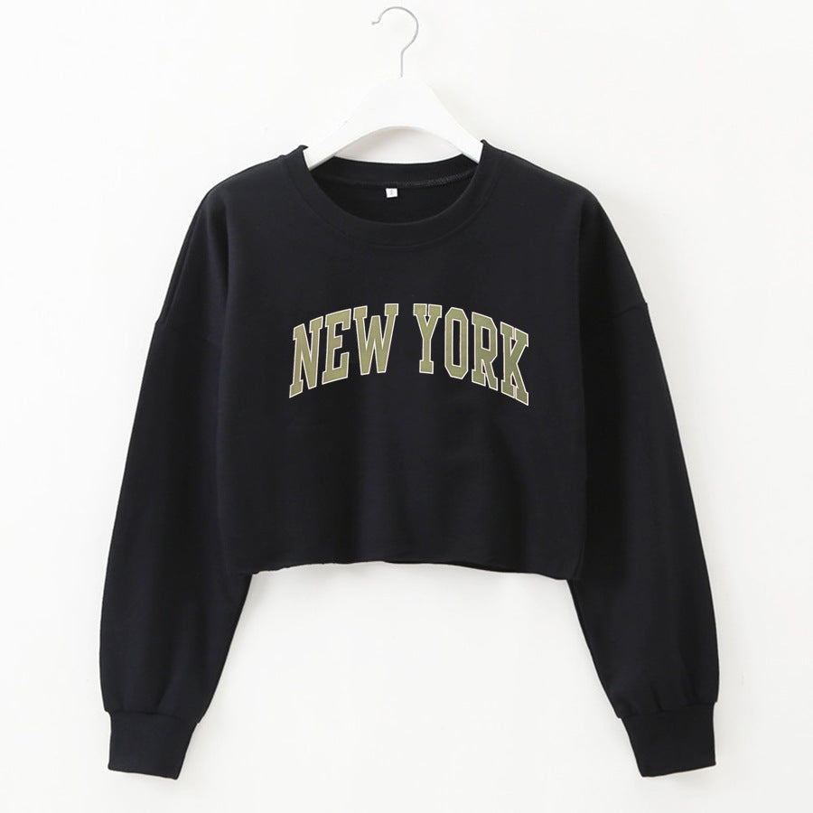 纽约字母图案印花短款宽松长袖卫衣