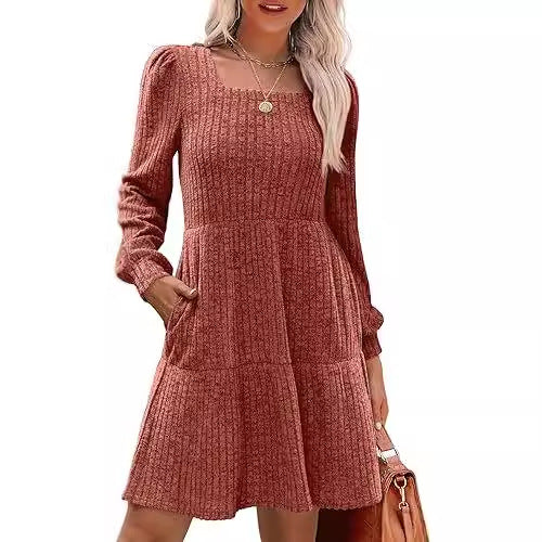 Square Collar Lantern Sleeve Pocket Long Sleeve Dress