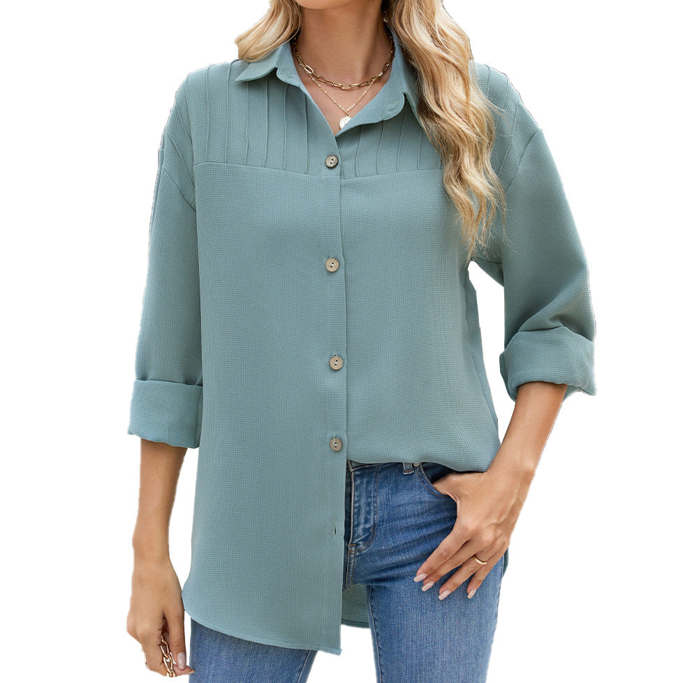 Collared Button Long Sleeve Loose Fitting Shirt