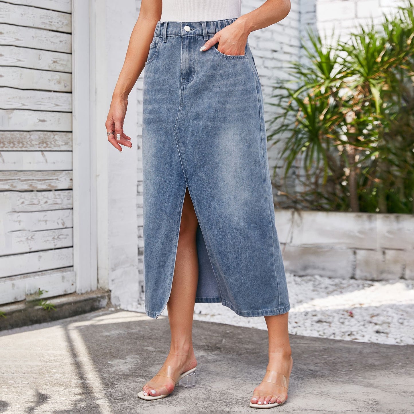 Washed Elastic Waist Split Denim Skirt