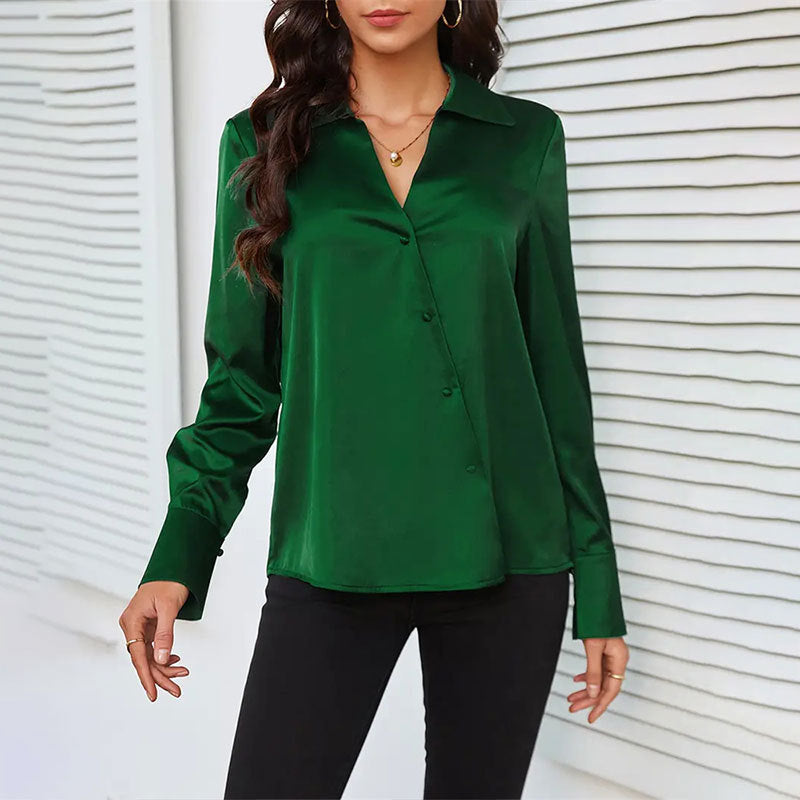 Satin Cross V Neck Cardigan Button Shirt