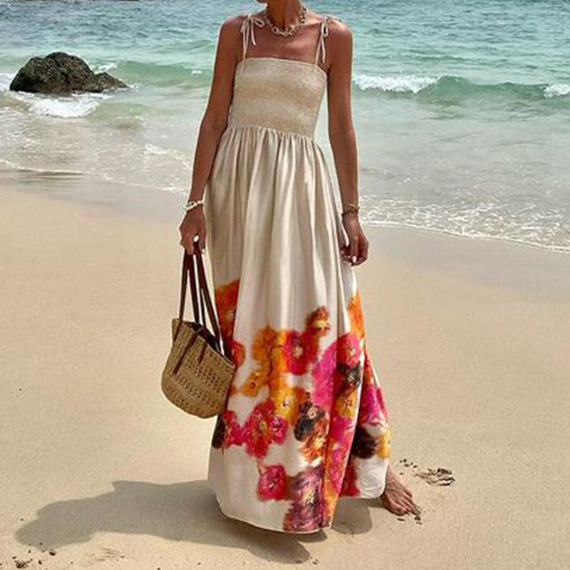 Vestido largo medio de playa con tirantes para vacaciones y estampado de verano