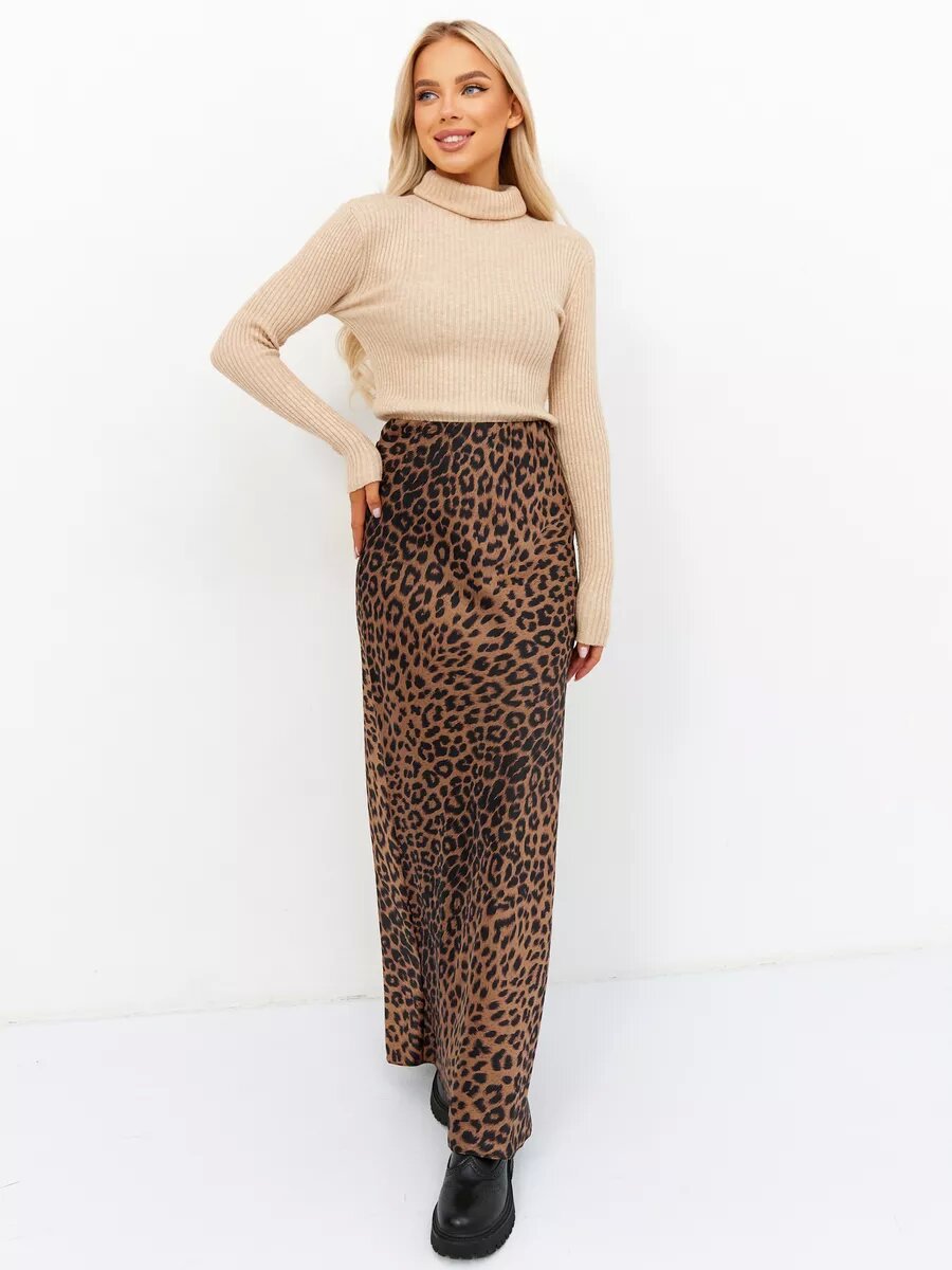 Satin Sexy Leopard Print Maxi Skirt