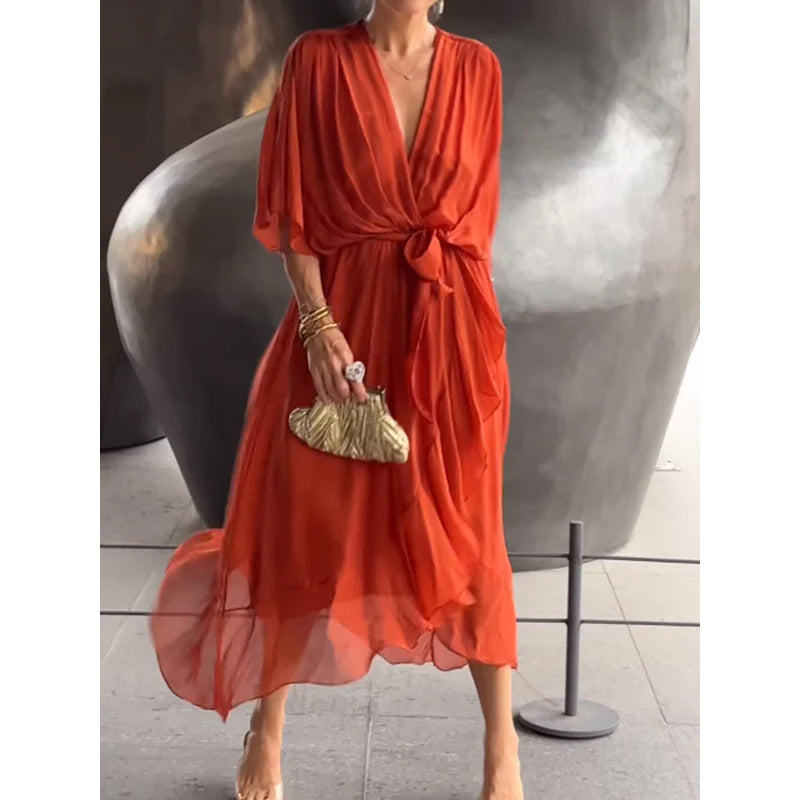 Solid Color Tied Maxi Dress Batwing Sleeve Irregular Asymmetric Dress