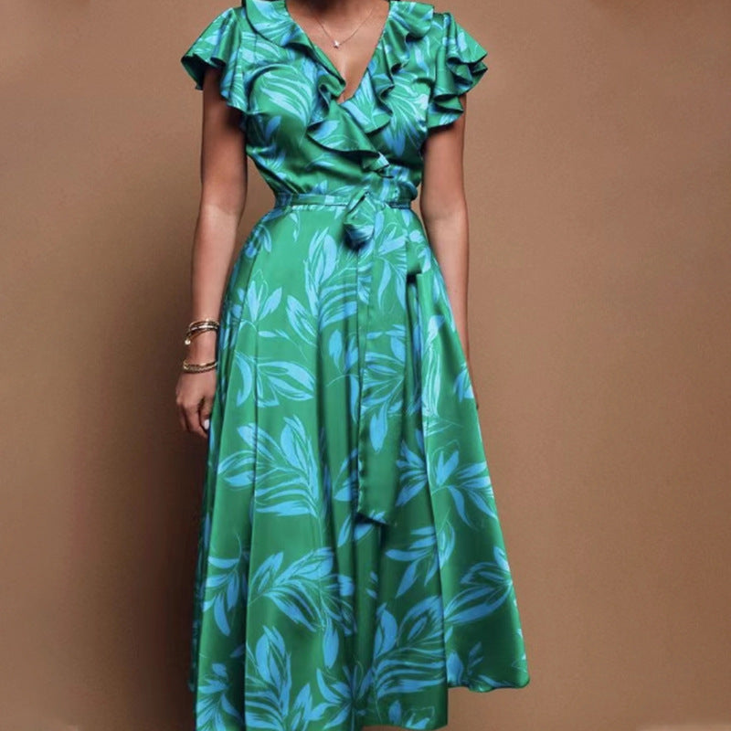 Printed V Neck Puff Sleeve Leaves Waist Tight Split Dress