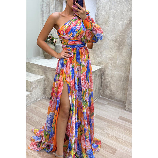 Robe ample fendue multicolore à une épaule