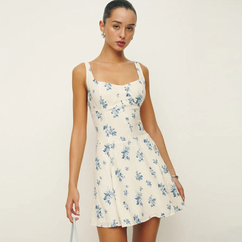 Square Collar Backless Fresh Sweet Floral A Line Dress