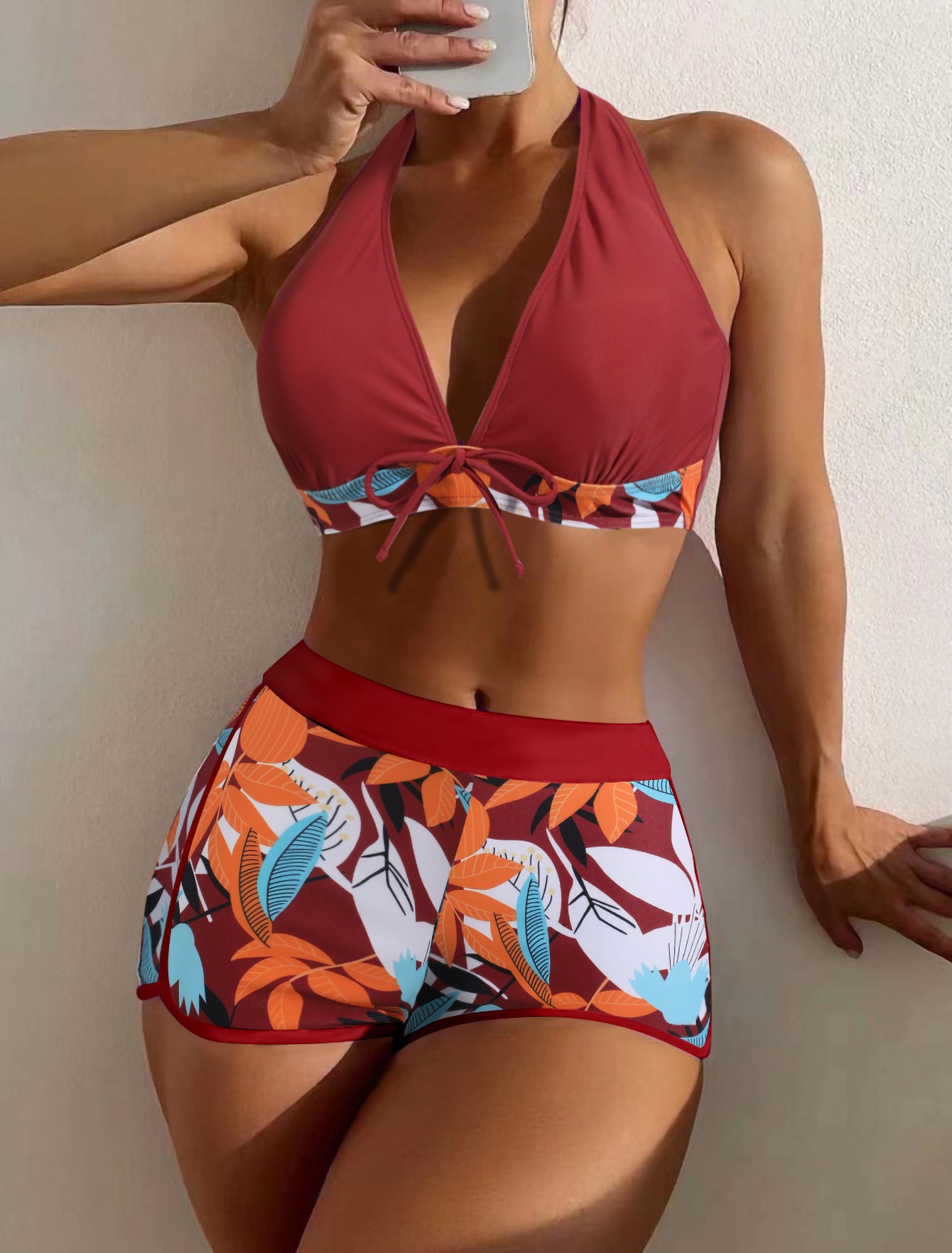 Bikini de costura de color sólido con estampado de encaje de boxeador de cintura alta dividida