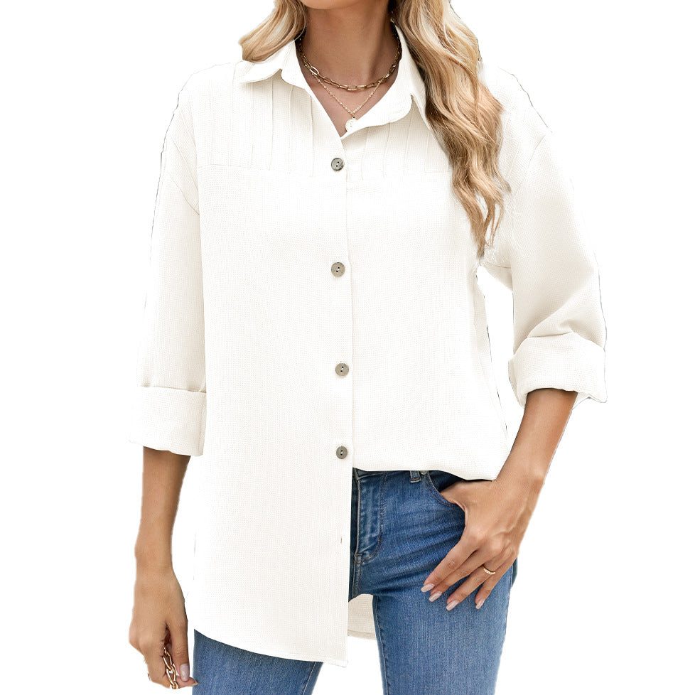 Collared Button Long Sleeve Loose Fitting Shirt