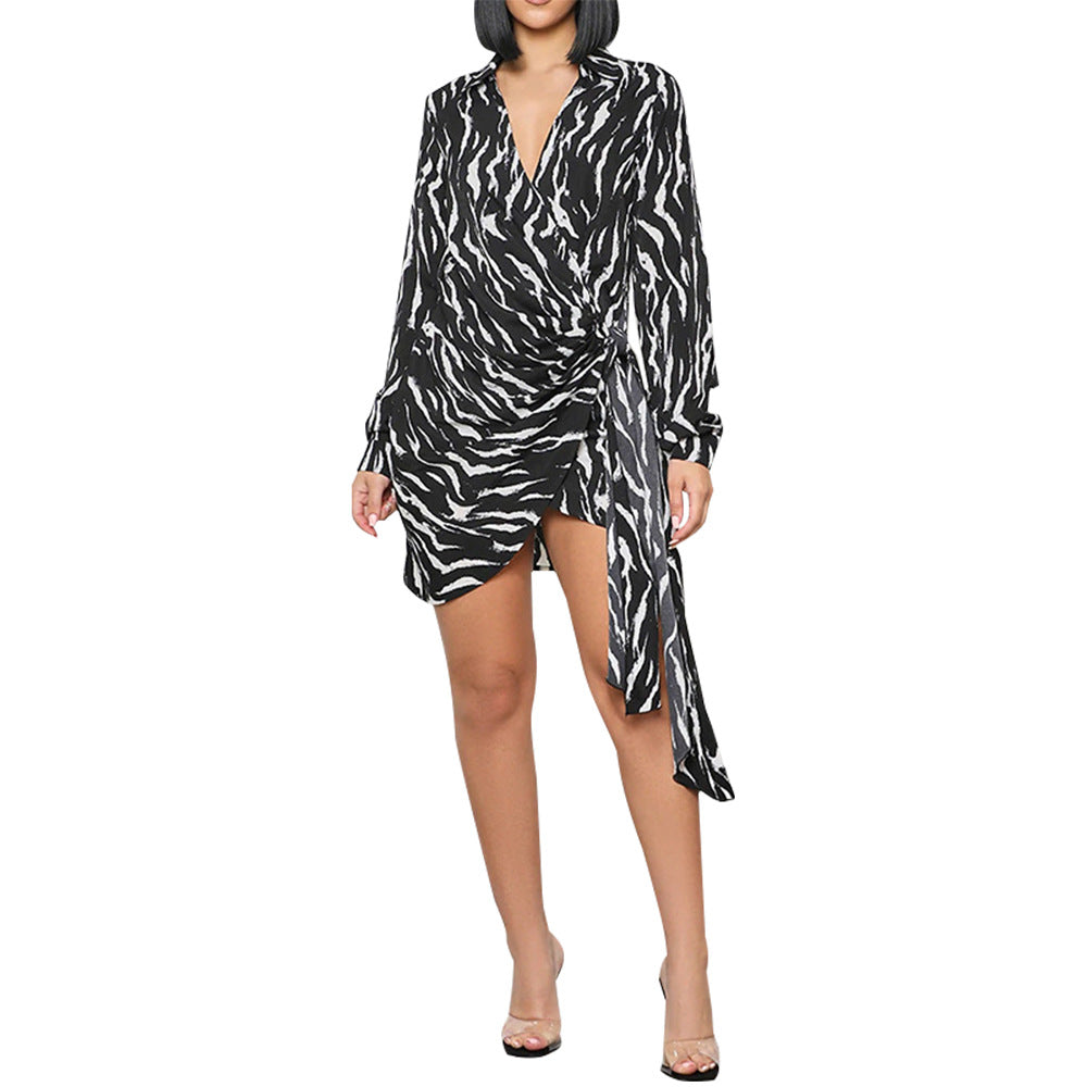 Zebra Print Printed Short V-neck Lace-up Waist Irregular Asymmetric Dress
