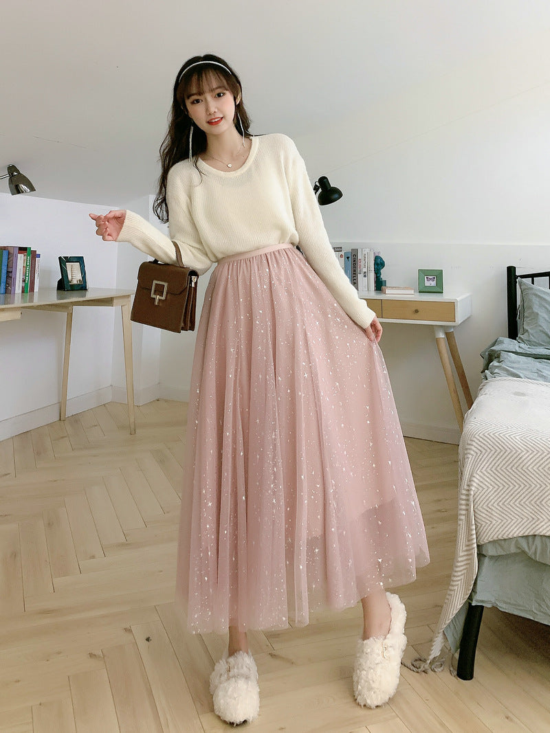 A- line Bubble Mid-Length Sequined Tulle Skirt