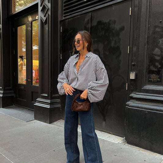 Long Sleeved Plaid Office Top Shirt