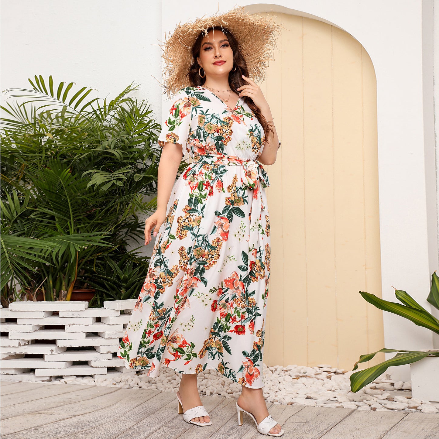 Plus Size High Waist Western V-neck Midi Dress