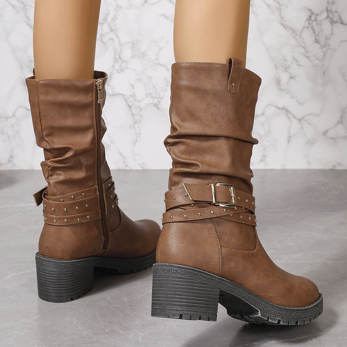 Brown Pleated Side Zipper Rivet Mid Calf Chunky Heel Thick Bottom Round Toe Boots