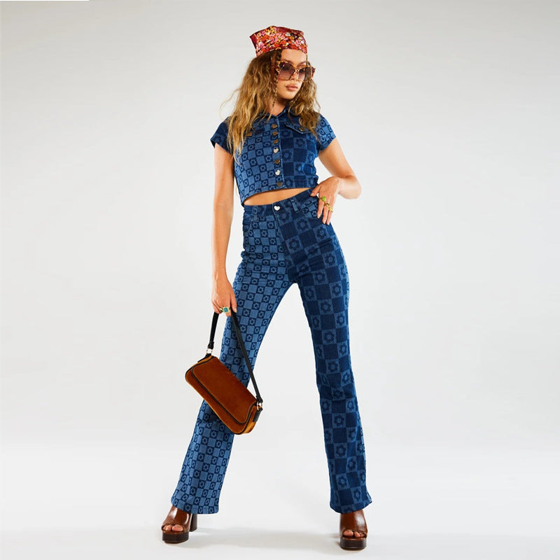 Wear Printing Washed Slim Fit Wide-Leg Jeans
