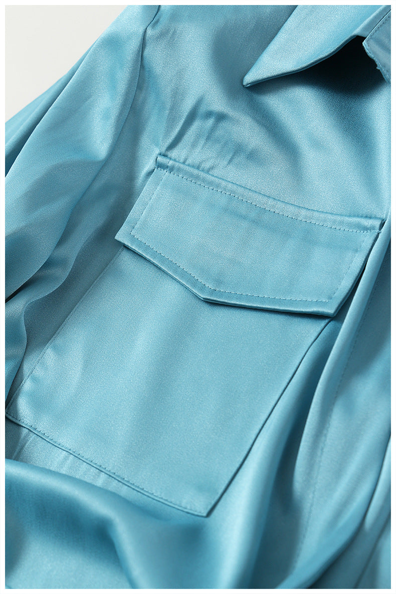 Satin Tooling Pocket Mid Length Shirt Dress