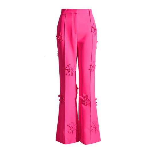 Pantalones anchos con decoración floral tridimensional caídos de cintura alta