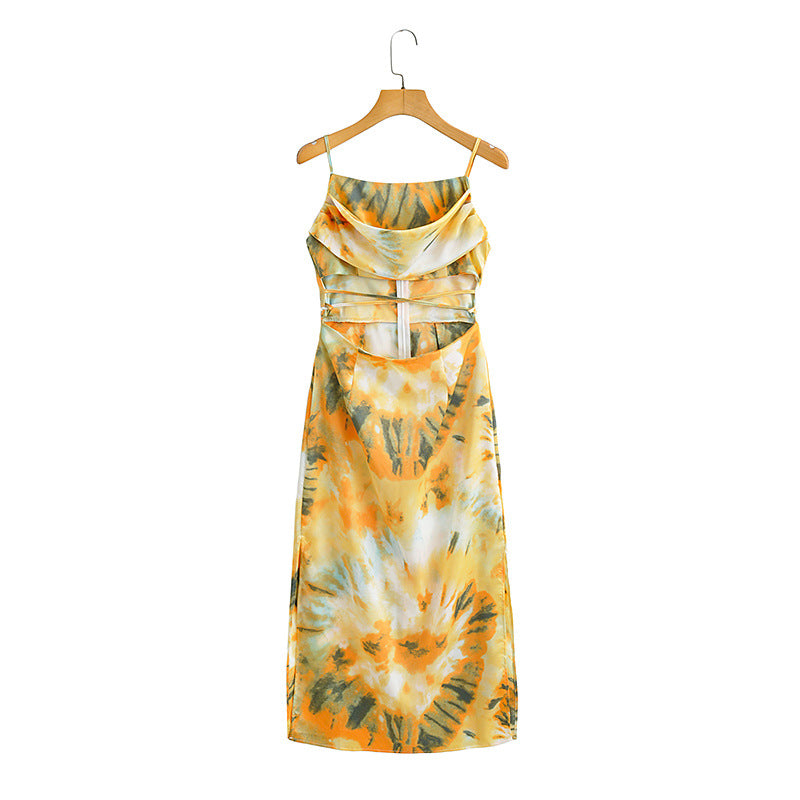 Sexy Satin Printed Hollow Out Strap Cami Dress