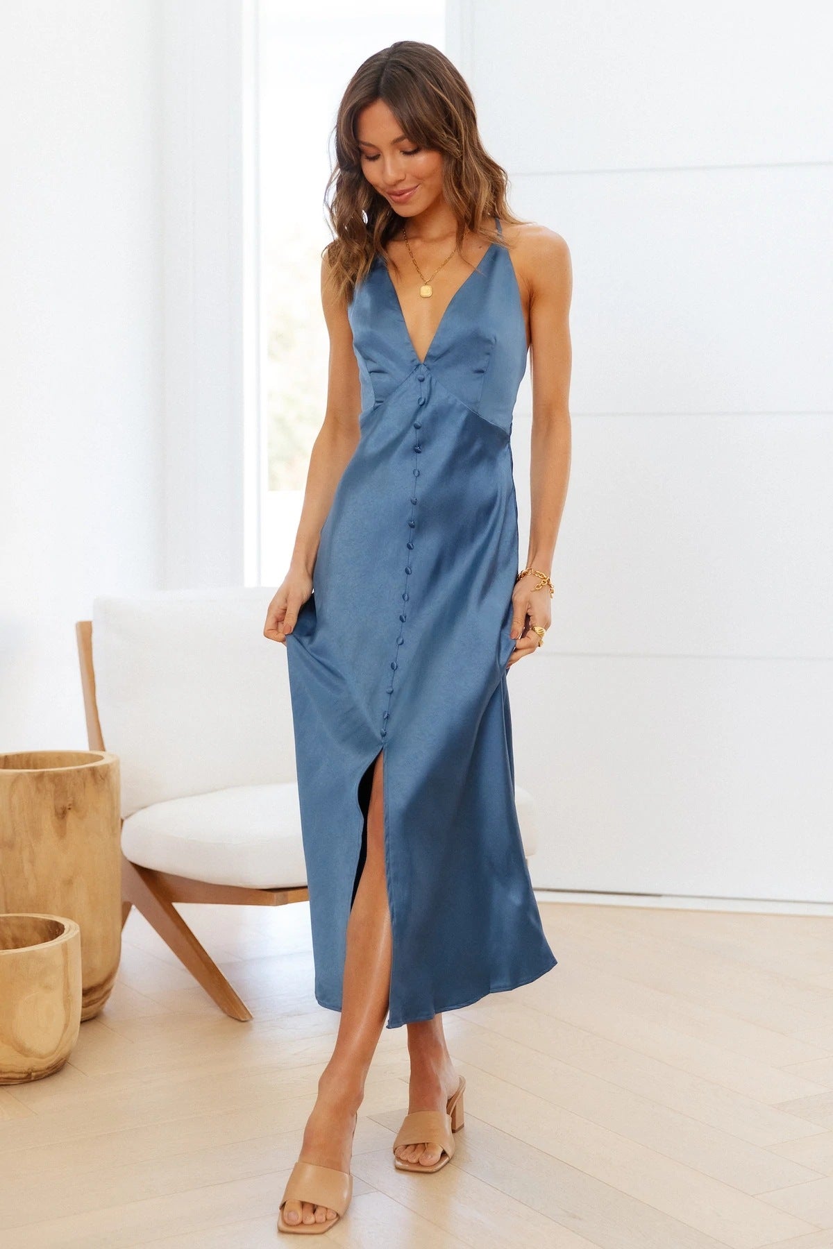 Sexy Elegant Criss Cross Bare Back V-Neck Single Breasted Front Slit Strap Satin Dress