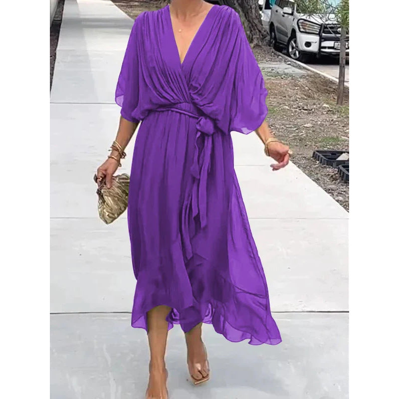 Solid Color Tied Maxi Dress Batwing Sleeve Irregular Asymmetric Dress