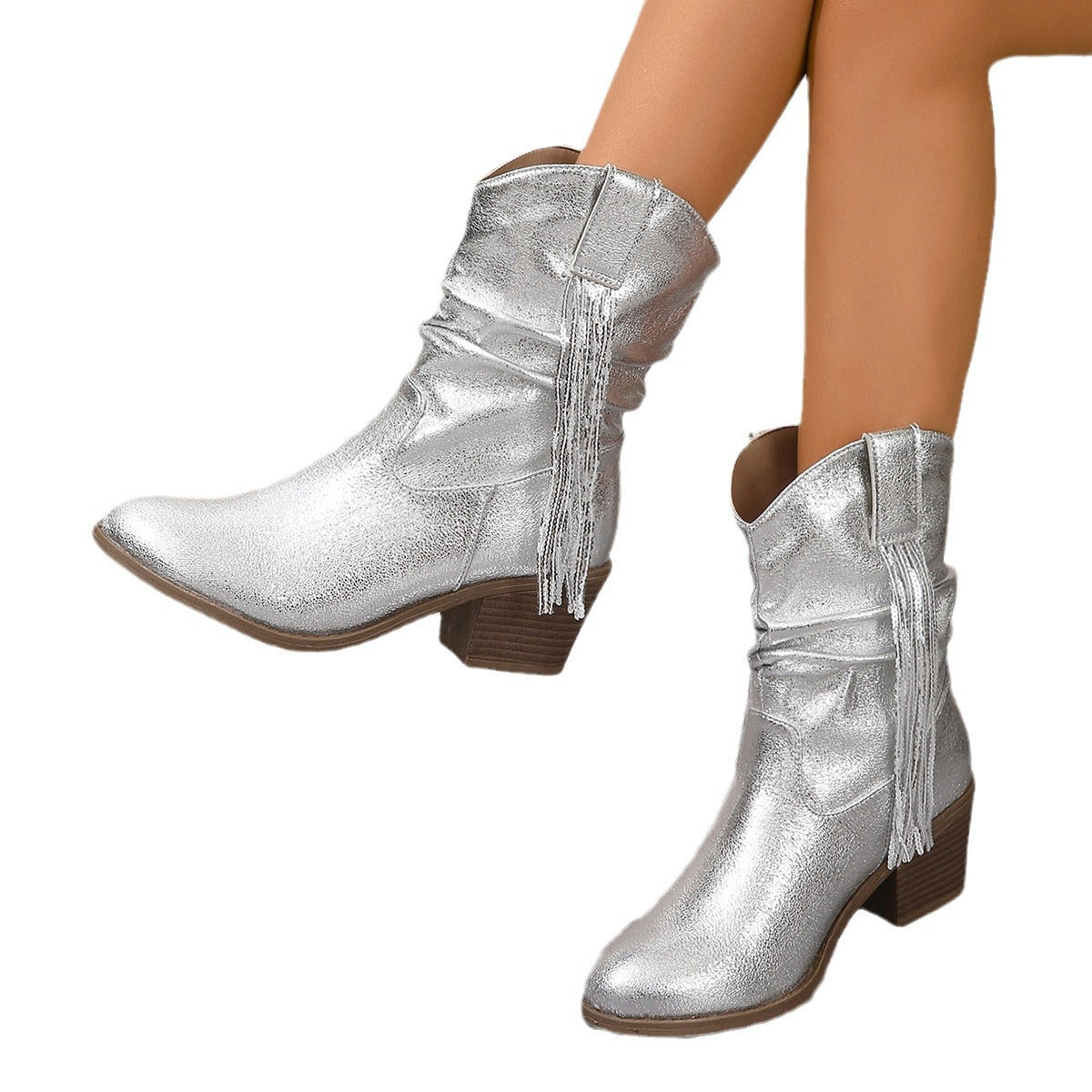 Pleated Silver Tassel Slip On Mid Calf Tassel Boots