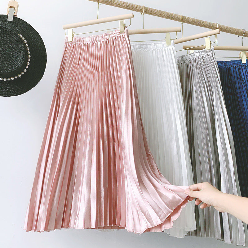 High Waist Satin Metallic Pleated Skirt