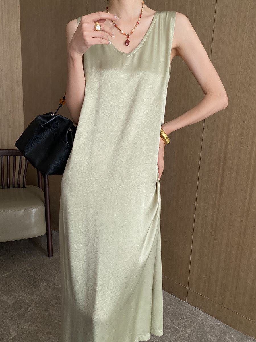 Elegant V Neck Draping Satin Sleeveless Dress