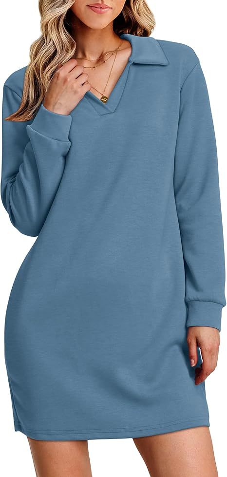 Collared Long Sleeve Casual Solid Color Sports Sweater Dress