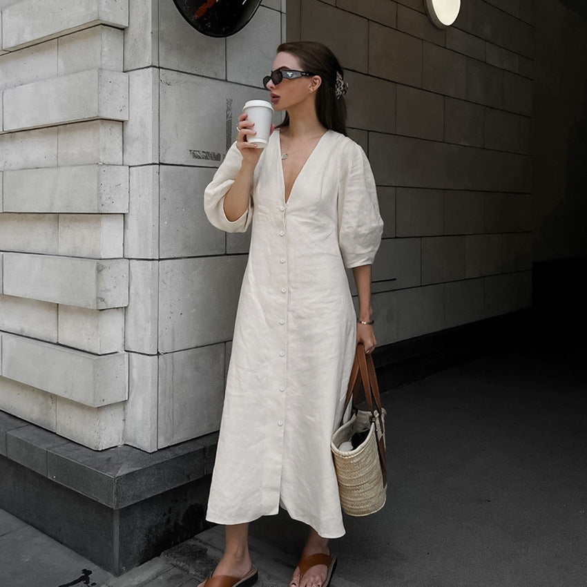 Vestido de manga abullonada de lino y algodón beige francés joven