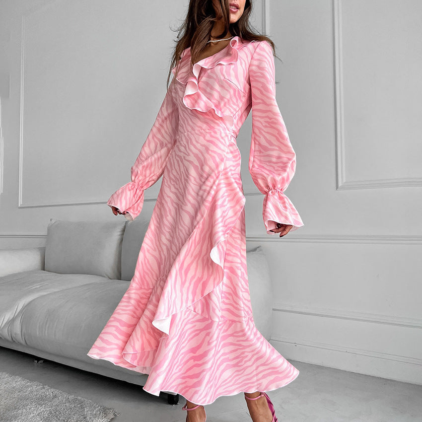 Pink Elegant Ruffled V Neck Flared Sleeves Lace Up Maxi Dress