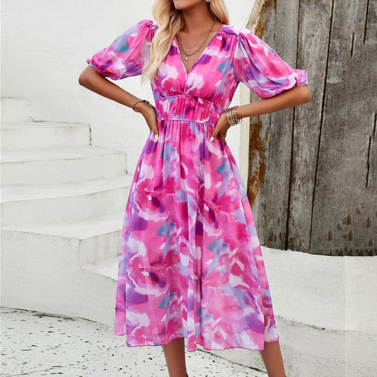 Elegant Printed Waist Controlled V Neck Dress Dee - Fashally.com