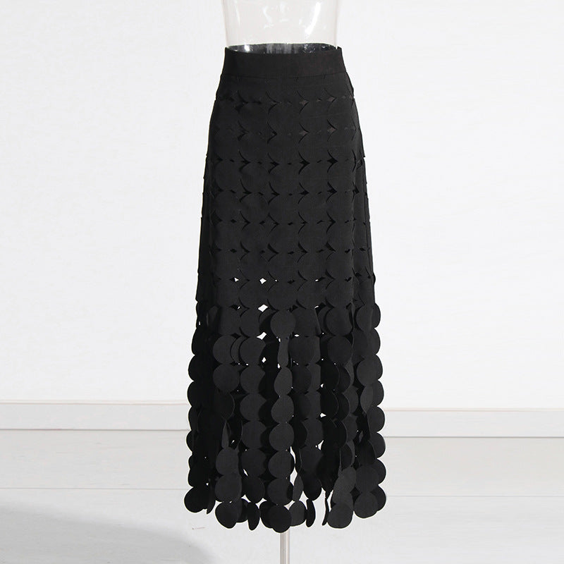 Stitching Wafer Tassel High Waist Solid Color Skirt