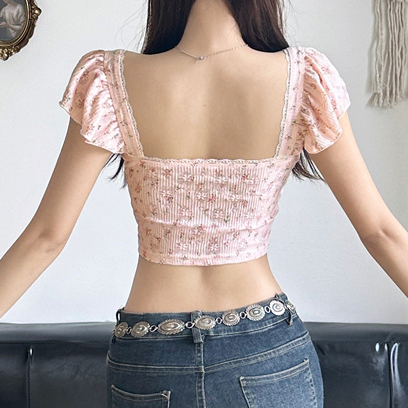 Floral Lace Flying Sleeve Chest Flattering Pleated Irregular Asymmetric Cinched Slim Backless Top