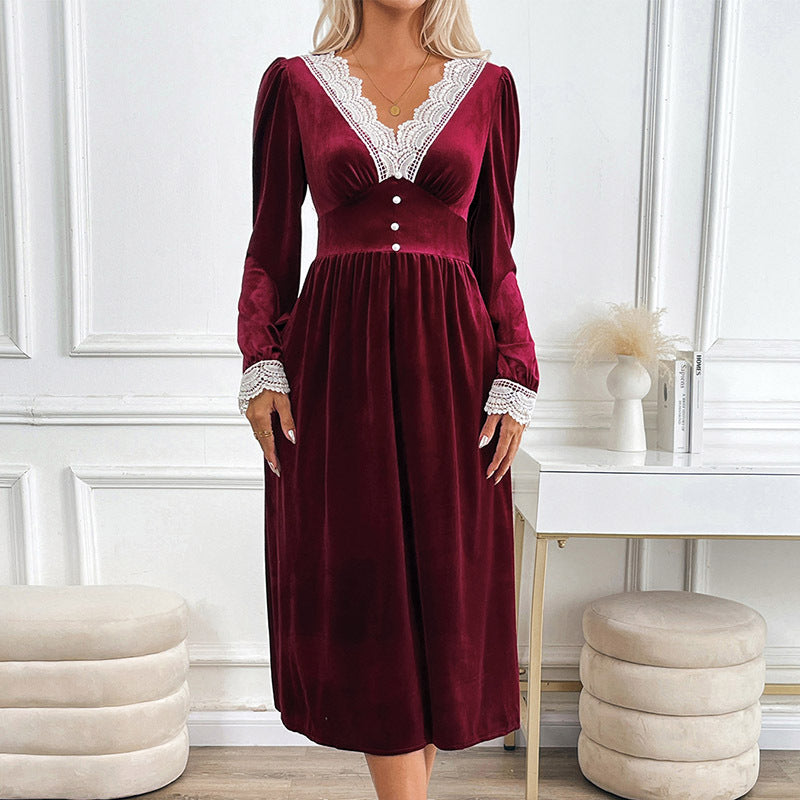 Velvet Lace Stitching Contrast Color Dress