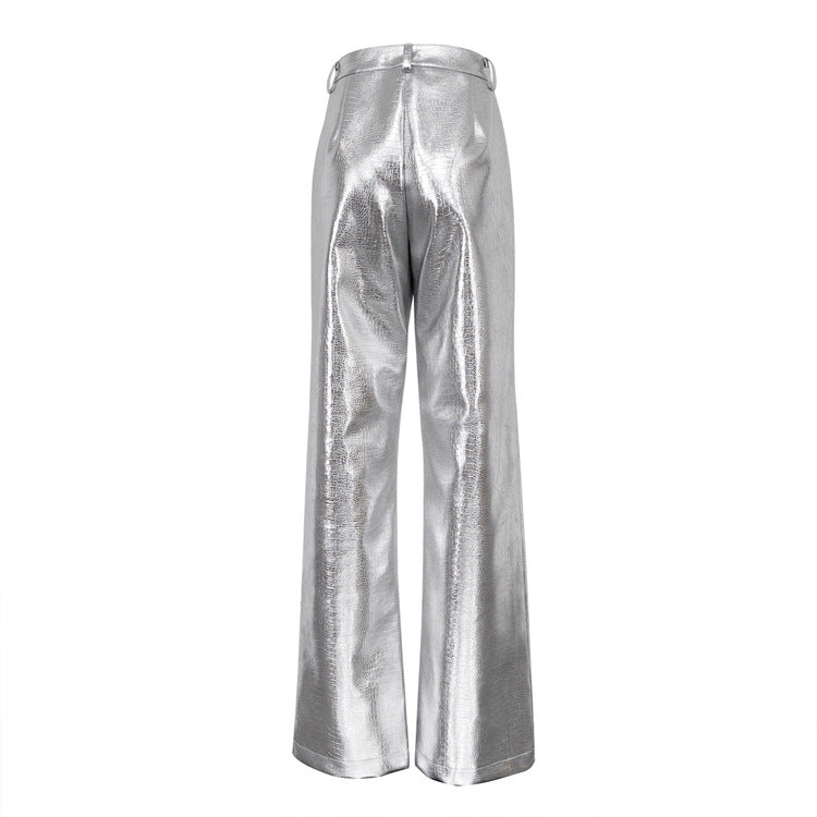 Metallic Coated Fabric Silver Scale Pattern High Waist Long Straight Pants