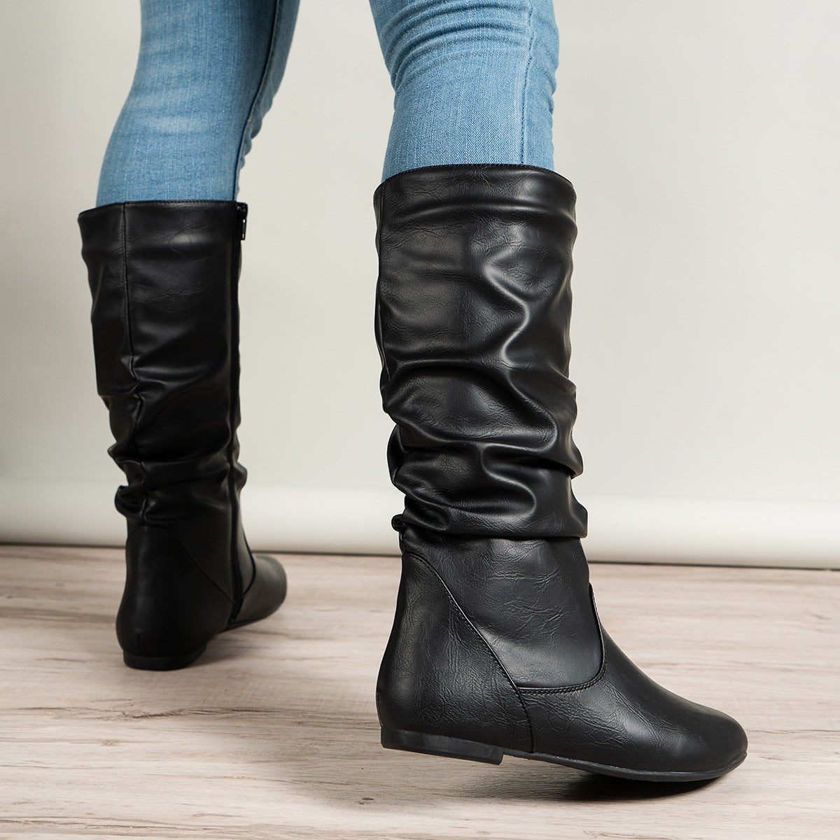 Pleated High Top Inner Zipper Flat Bottom round Head Boots