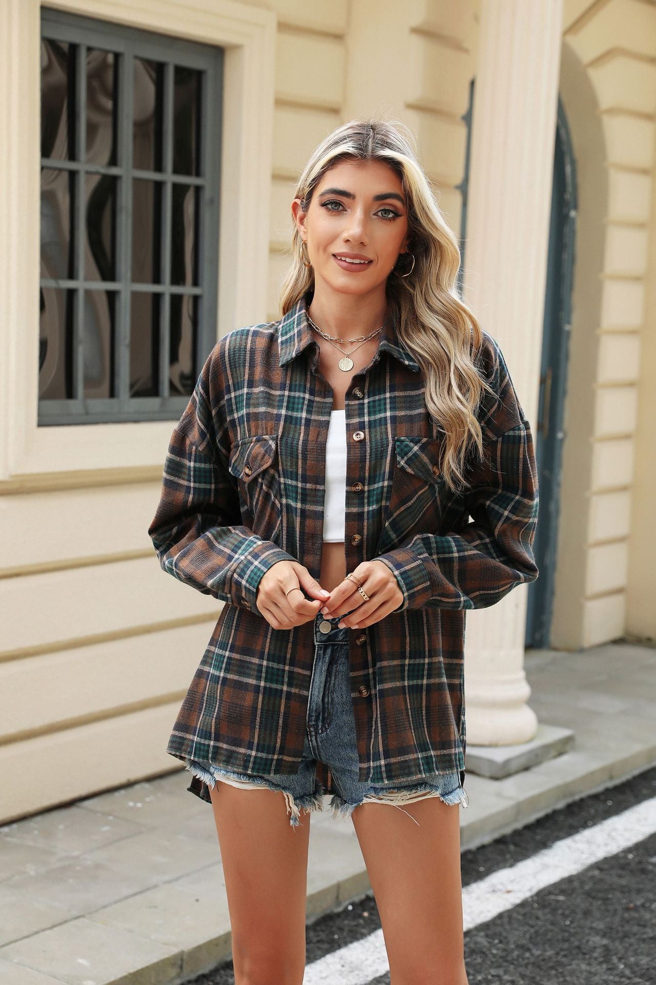 Polo Collar Pocket Loose Long Sleeve Plaid Shirt