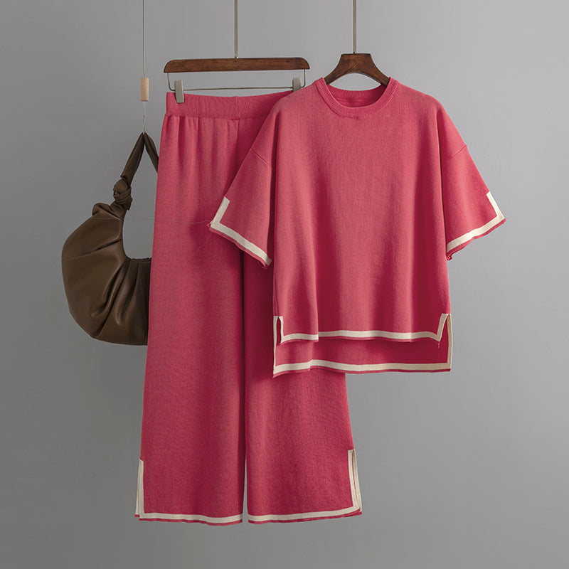 Contrasterende kleur split korte mouw trui hoge taille afslankende wijde pijpen broek broek tweedelige set