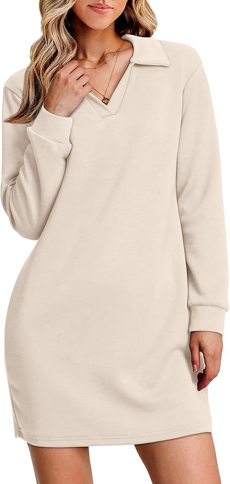 Collared Long Sleeve Casual Solid Color Sports Sweater Dress