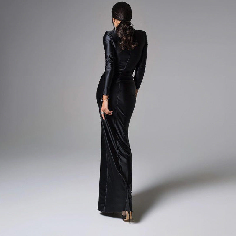 Elegant Long Sleeve Tied Waist Slimming Satin Maxi Dress