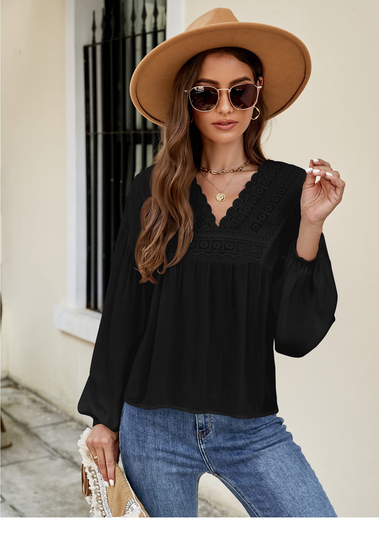 Top camicia in chiffon con maniche a lanterna