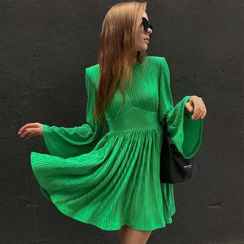 Fitted Waist Flare Sleeve Pleated Sexy Dress