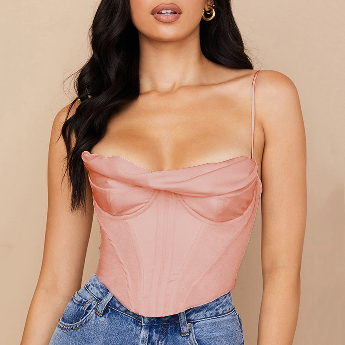 Sexy Pile Collar Satin Pleated Camisole Top