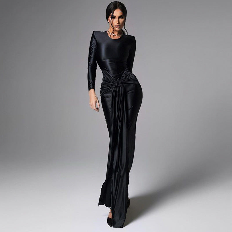 Elegant Long Sleeve Tied Waist Slimming Satin Maxi Dress