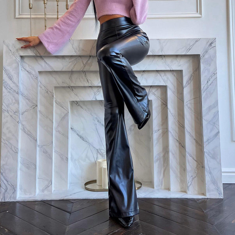 High Waist Faux Leather Black Glossy Flared Pants