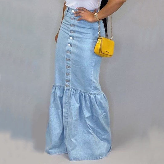 Elastic Denim Long Fishtail Skirt