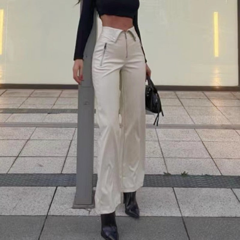 High Waist Straight Loose Wide Leg Leather Pants